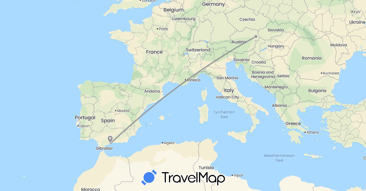 TravelMap itinerary: driving, plane in Austria, Spain (Europe)